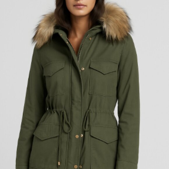 H&M Military Utility Jacket Olive Green NWT Faux Fur Collar Quilted Lining Warm - Picture 17 of 17